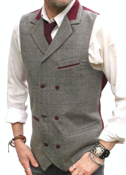 Mens Wool Blend Tweed Double Breasted Grey Check Herringbone Waistcoat Vest Cherry Clothes