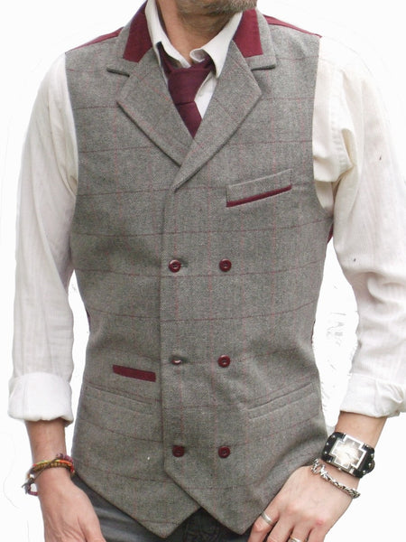 Mens Wool Blend Tweed Double Breasted Grey Check Herringbone Waistcoat Vest Cherry Clothes