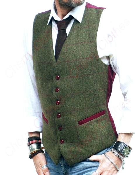 Mens Wool Blend Tweed Olive Green Check Waistcoat Vest Gilet -s M L Xl Xxl 3xl Cherry Clothes