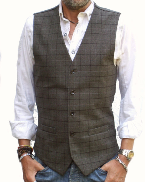 Mens Waistcoat - Brown Check Tweed Style Vest Gilet All Sizes