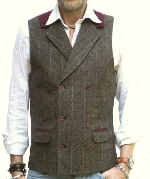 Mens Wool Blend Tweed Herringbone Stripe Double Breasted Waistcoat Vest Brown