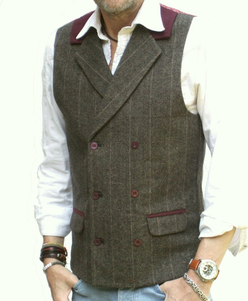 Mens Wool Blend Tweed Herringbone Stripe Double Breasted Waistcoat Vest Brown