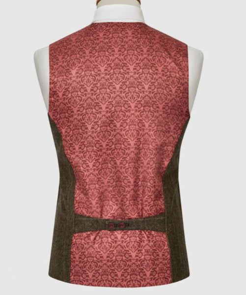 Mens Wool Blend Tweed Herringbone Stripe Double Breasted Waistcoat Vest Brown