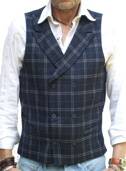 Mens Tweed Navy Blue Check Double Breasted Tailored Fit Waistcoat Vest