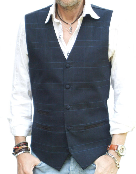 Mens Waistcoat -Navy Blue Multi Check Tweed Style Vest Gilet All Sizes