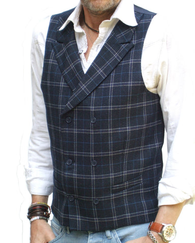 Mens Tweed Navy Blue Check Double Breasted Tailored Fit Waistcoat Vest