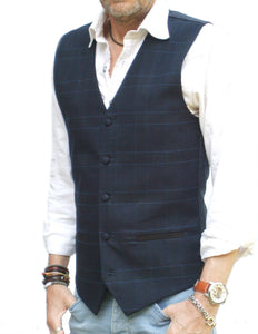 Mens Waistcoat -Navy Blue Multi Check Tweed Style Vest Gilet All Sizes