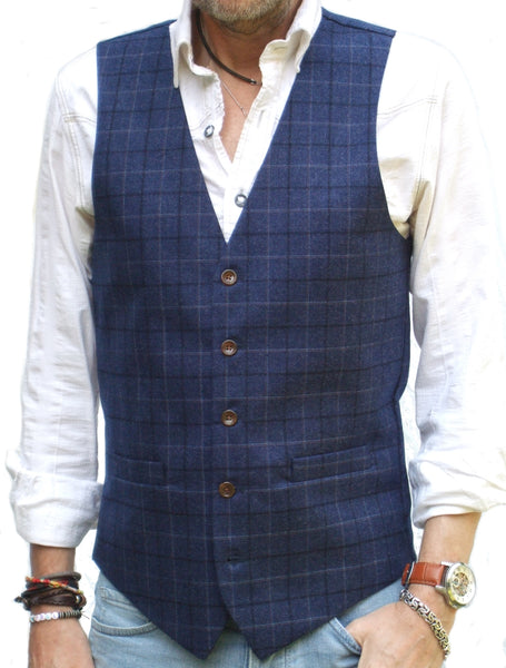 Mens Waistcoat - Navy Blue Check Tweed Style Vest Gilet All Sizes