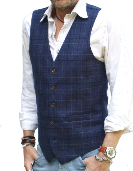 Mens Waistcoat - Navy Blue Check Tweed Style Vest Gilet All Sizes