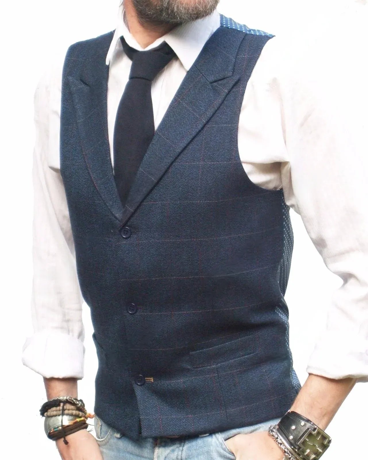 Mens Tweed Style Blue & Brown Check Lapel Collar Waistcoat Vest - Tailored Fit LLoyd Attree & Smith