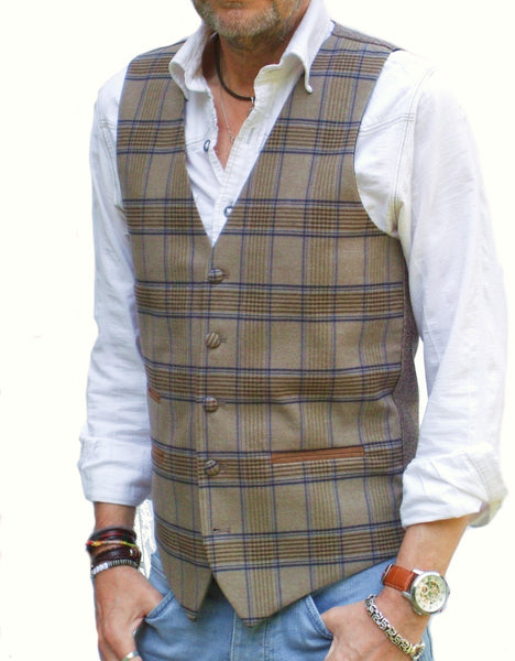 Mens Light Brown Multi Check Tweed Style Vest Gilet All Sizes