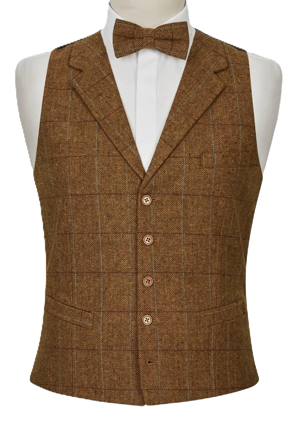 Mens Waistcoat Brown Tweed Wool Blend Tailored Fit Check Lapel Collar Vest (Copy) LLoyd Attree & Smith