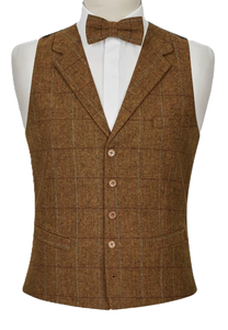 Mens Waistcoat Brown Tweed Wool Blend Tailored Fit Check Lapel Collar Vest (Copy) LLoyd Attree & Smith