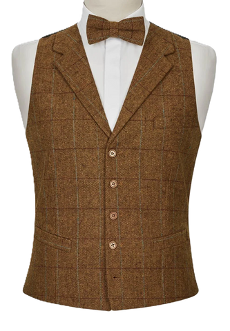 Mens Waistcoat Brown Tweed Wool Blend Tailored Fit Check Lapel Collar Vest (Copy) LLoyd Attree & Smith