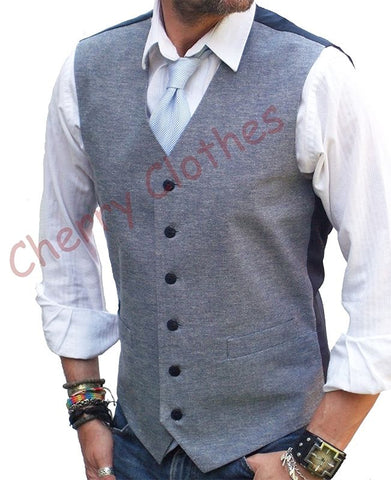 Mens Linen Cotton Blend Blue Ecru Waistcoat Vest - All Sizes M L Xl Xxl