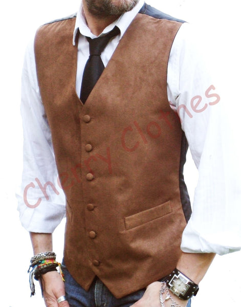 Mens Faux Suede Tan Brown Waistcoat Vest Gilet-  All Sizes  S M L Xl Xxl 3xl 4xl