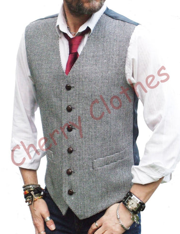 Mens Wool Blend Tweed Black & White Grey Gray Dogtooth Waistcoat Vest M L Xl Xxl