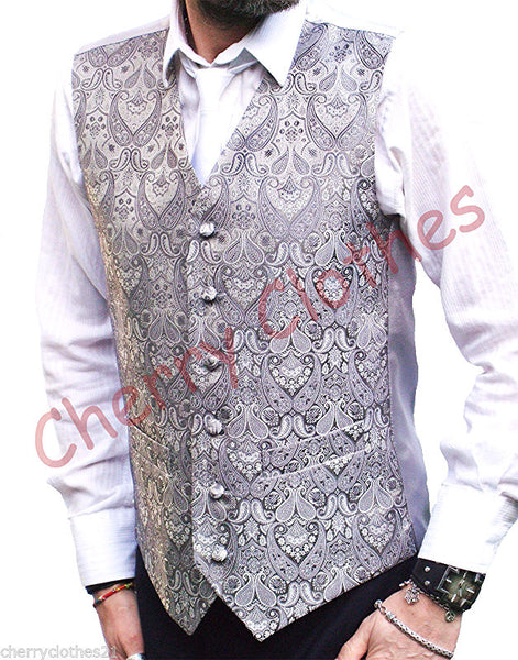 Mens Silver Grey Gray Wedding Fancy Waistcoat Vest - All Sizes S  M L Xl Xxl