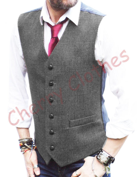 Mens Wool Tweed Black Grey Gray Fine Herringbone Waistcoat Vest S M L Xl Xxl