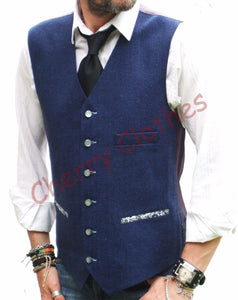 Mens Wool Blend Tweed Blue Herringbone Fancy Waistcoat Vest Gilet S M L Xl Xxl