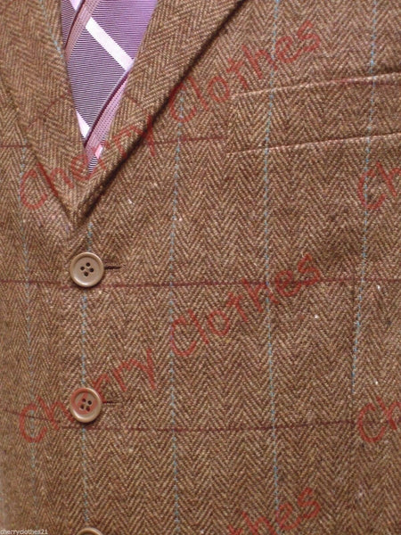 Mens Waistcoat Brown Tweed Wool Blend Tailored Fit Check Lapel Collar Vest