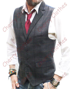 Mens Grey Check Herringbone Lapel Collar Waistcoat Slim Fit Vest - All Sizes