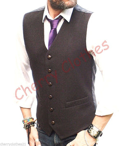 Mens Wool Blend Tweed Dark Brown Herringbone Waistcoat Vest Gilet -  M L Xl Xxl