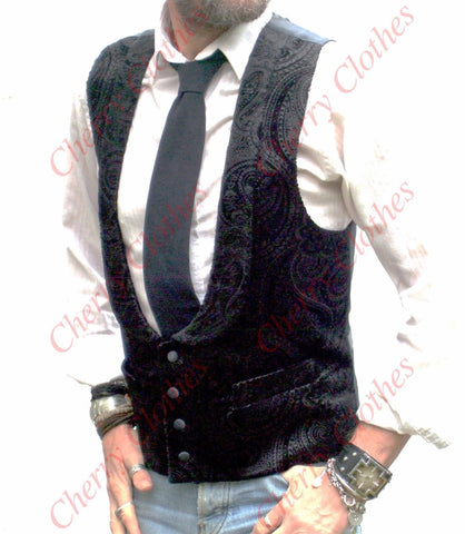 Mens Black Velvet Paisley Horseshoe Low U Cut Lapel Collar Waistcoat Vest