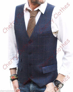 Mens Blue & Brown Check Slim Fit Tweed Style Waistcoat Vest All Sizes