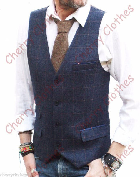 Mens Blue & Brown Check Slim Fit Tweed Style Waistcoat Vest All Sizes