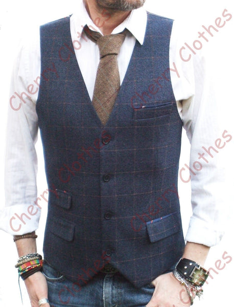 Mens Blue & Brown Check Slim Fit Tweed Style Waistcoat Vest All Sizes