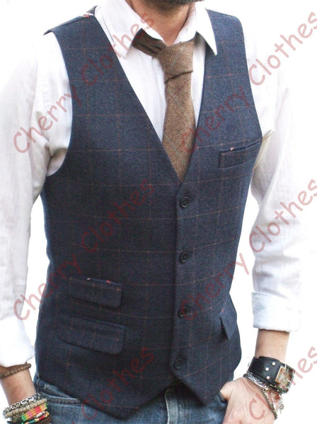 Mens Blue & Brown Check Slim Fit Tweed Style Waistcoat Vest All Sizes