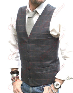 Mens Grey Check  Wool Handle Tweed Waistcoat Vest Gilet - Tailored Fit