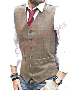 Mens Waistcoat Brown Tweed Herringbone Check Wool Blend  Vest Gilet - All Sizes