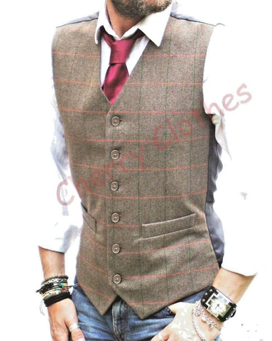 Mens Waistcoat Brown Tweed Herringbone Check Wool Blend  Vest Gilet - All Sizes