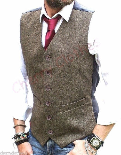 Mens Wool Blend Brown Donegal Tweed Waistcoat Vest Gilet -all Sizes S M L Xl Xxl