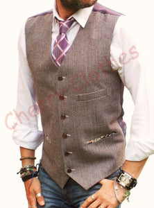 Mens Wool Blend Tweed Brown Dogtooth Check Fancy Waistcoat Vest  -  S M L Xl Xxl