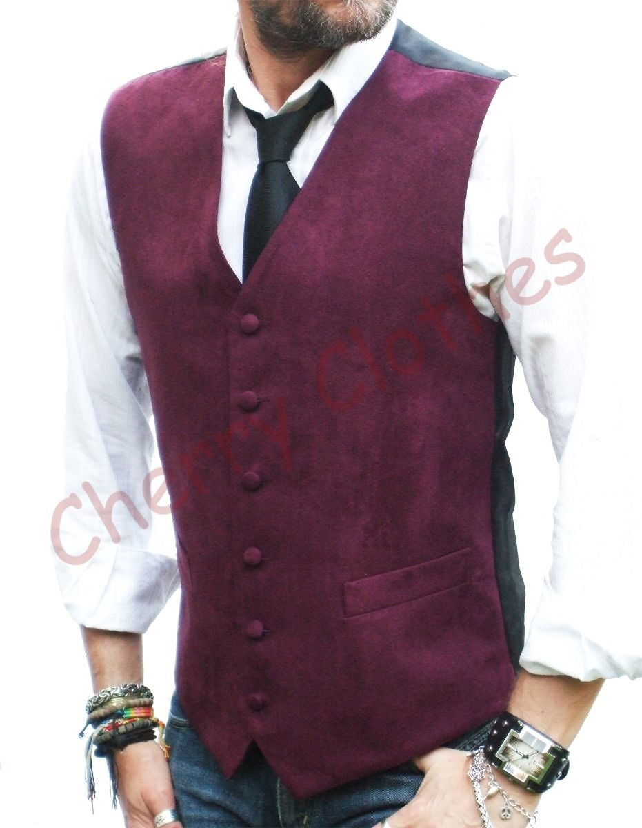 Mens Faux Suede Wine Red Waistcoat Vest Gilet - All Sizes  S M L Xl Xxl 3xl 4xl