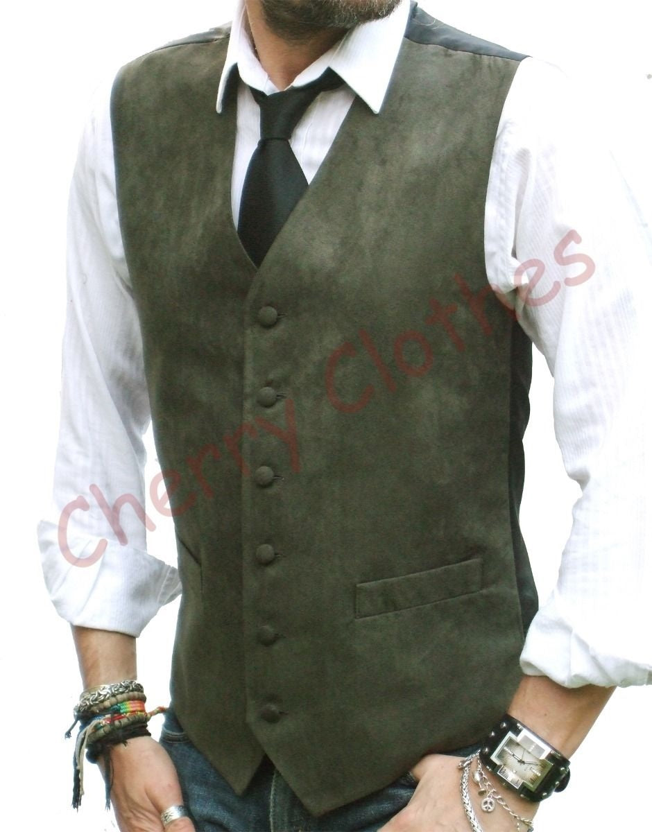 Mens Faux Suede Green Waistcoat Vest Gilet - All Sizes  S M L Xl Xxl 3xl 4xl