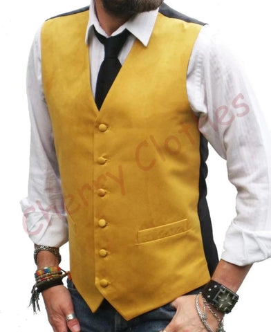 Mens Faux Suede Yellow Gold Waistcoat Vest Gilet -   S  M L Xl Xxl 3xl 4xl