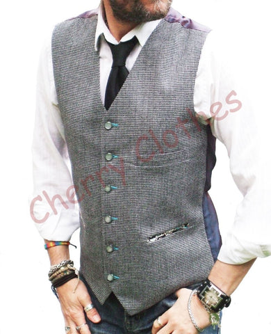 Mens Tweed Wool Blend Black & White Dogtooth Fancy Waistcoat Vest - S M L Xl Xxl