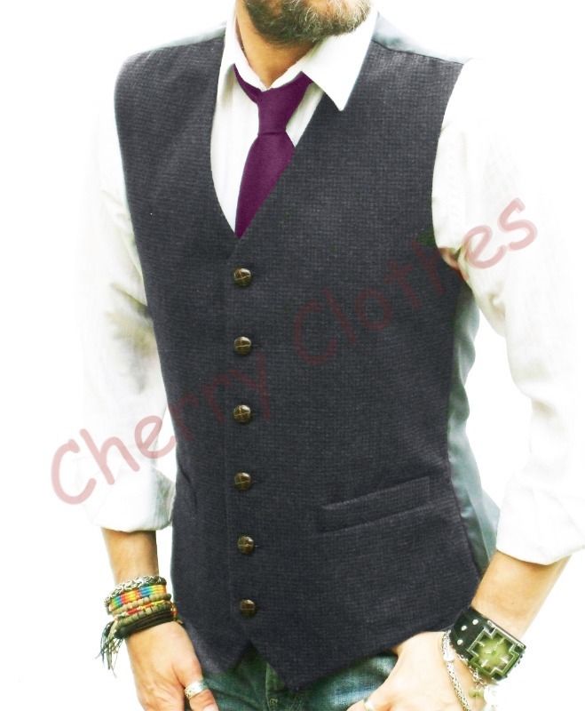 Mens Tweed Wool Blend Check Grey Gray Waistcoat Vest - All Sizes M L Xl Xxl