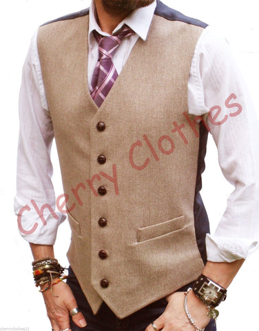 Mens Wool Blend Tweed Brown Beige Waistcoat Vest Gilet - All Sizes S M L Xl Xxl