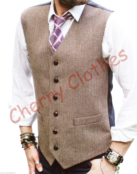 Mens Wool Blend Tweed Brown Dogtooth  Waistcoat Vest - All Sizes  M L Xl Xxl