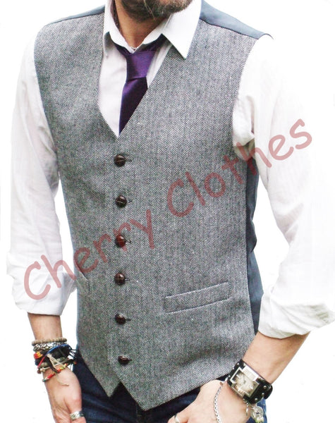 Mens Wool Blend Tweed Black & White Grey Herringbone  Waistcoat Vest  M L Xl Xxl