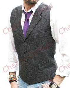 Mens Wool Blend Grey Gray Donegal Tweed Lapel Collar Waistcoat Vest Tailored Fit