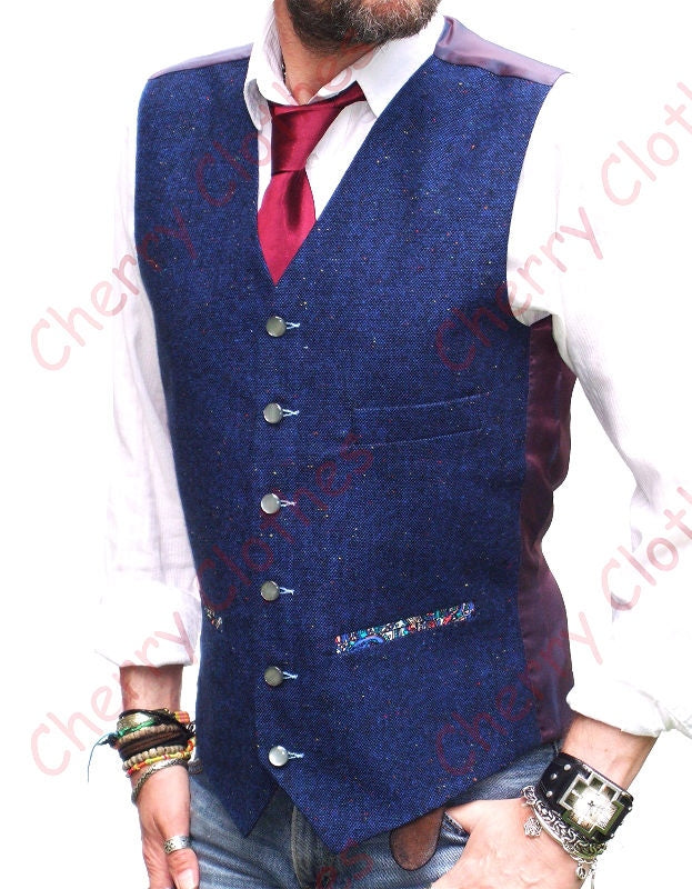 Mens Tweed Wool Blend Blue Donegal Fleck Fancy Waistcoat Vest - S M L Xl Xxl