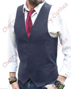 Mens Blue Grey Gray Slim Fit Tweed Wool Handle Check Waistcoat Vest All Sizes