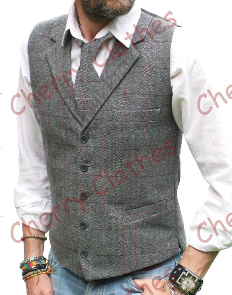 Mens Wool Blend Tweed Grey Gray Tailored Fit Lapel Collar Waistcoat Vest Gilet