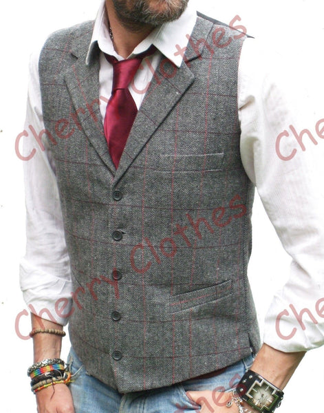 Mens Wool Blend Tweed Grey Gray Tailored Fit Lapel Collar Waistcoat Vest Gilet